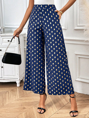 Women Wide Leg Golden Dot Printed Pants With Pockets, Casual