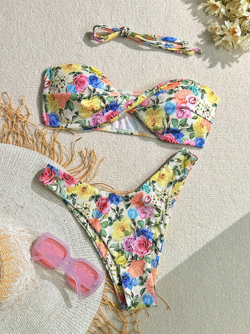 Summer Beach Women Random Flower Print Two-Piece Swimsuit With Purchased Copyright