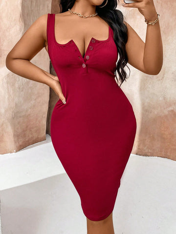 Plus Size Women Chest Pocket Solid Color Simple Sleeveless Dress