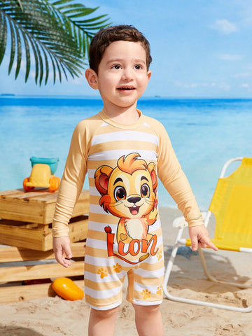 Baby Boy Beach Vacation Cartoon Lion Striped Printed Round Neck Raglan Sleeve Long Sleeve Casual Jumpsuit Swimwear Shorts