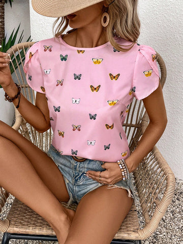 Women Vacation Butterfly Print Petal Sleeve Blouse