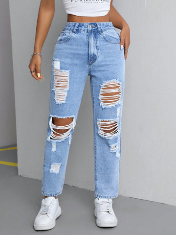 Women Casual Ripped Tapered Jeans For Everyday Simple Outfit Matching