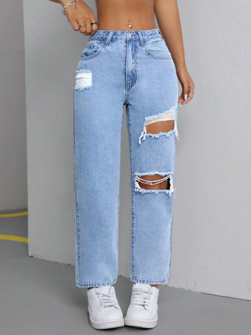 Ladies Solid Color Simple Ripped Jeans