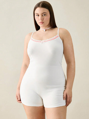 Plus Size Women Summer Lace Trim Tight Jumpsuit With Spaghetti Straps