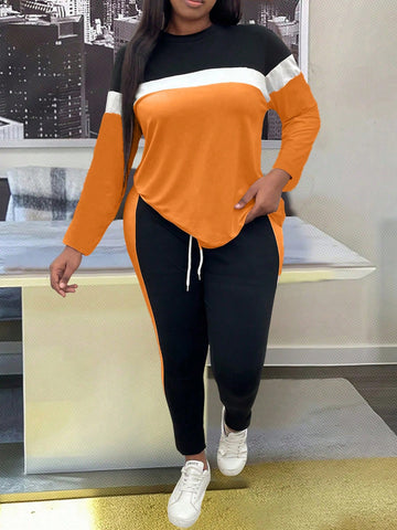 Plus Size Decorated Round Neck Long Sleeve And Pants Casual 2-Piece Set