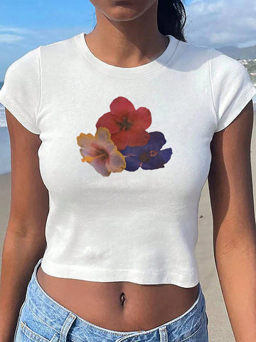 Summer Casual Flower Printed Cropped Short Sleeve T-Shirt