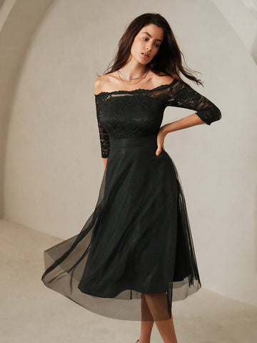 Elegant Urban Off Shoulder Contrast Lace Slim Fit Mesh Overlay Dress For Women, Semi Formal Dress