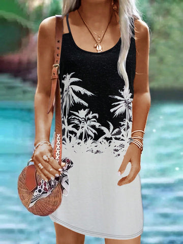 Summer Vacation Color Block Splicing Coconut Tree Print Halter Dress