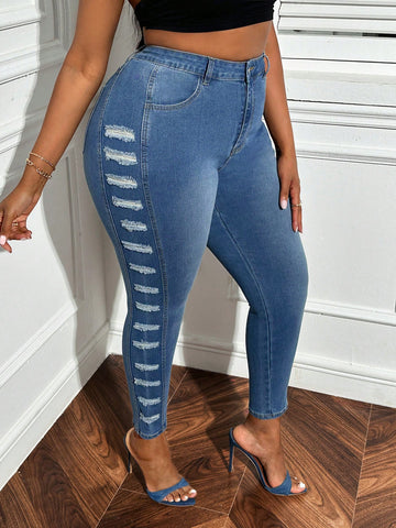 Plus Size Stretchy Sexy Fashionable Ripped Skinny Jeans