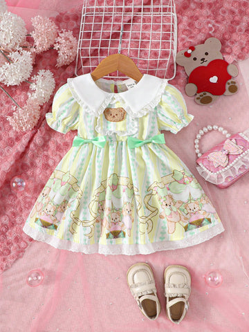 Baby Girls" Peter Pan Collar Puff Sleeve Cute Printed Dress