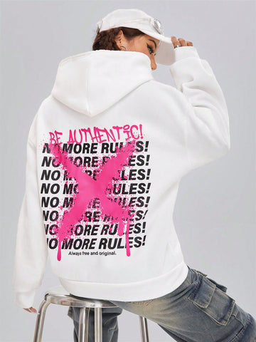 Casual And Simple Hooded Long Sleeve Sweatshirt With Letter Pattern, Suitable For Autumn And Winter Season, Super Loose For Women