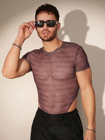 Men Sexy Letter Printed Sheer Mesh Bodysuit For Summer