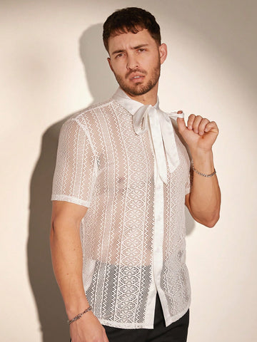 Men Summer Lace Short Sleeve Slim Fit Shirt With Collar Knot And Sheer Details