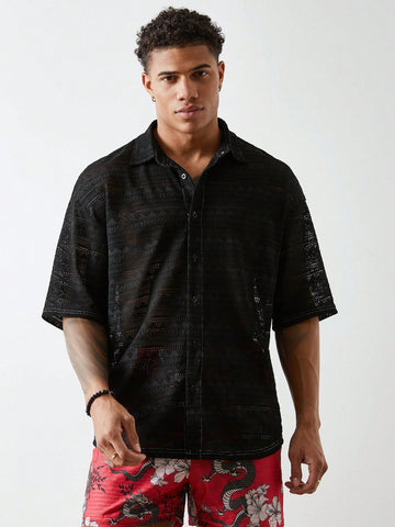Men's Knitted Crochet Lace Shirt In Black
