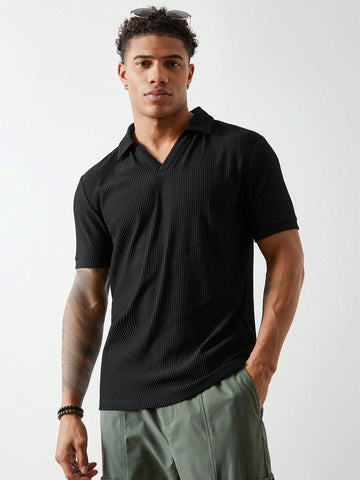 Men Slim-Fit Black Knitted Pique Polo Shirt