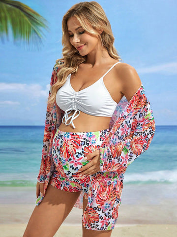 Maternity Solid Color Drawstring Bikini Top & High-Waist Triangle Bottom With Tropical Plant Print Long Sleeve Kimono Set For Beach Holiday