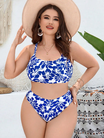 Plus Size Flower Print Beach Vacation Bikini Set With Bra And Swim Trunks