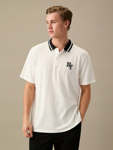 Men Summer Casual Color-Block Collar Short Sleeve Polo Shirt With Letter Print