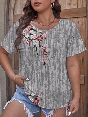 Summer Casual Loose-Fit Women's Plus Size T-Shirt With Vintage Patterns And Round Neck