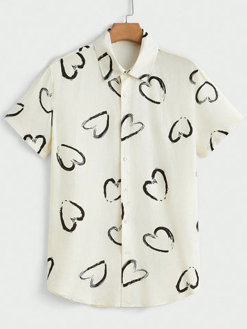 Love Heart Print Front Button-Up Collar Woven Shirt