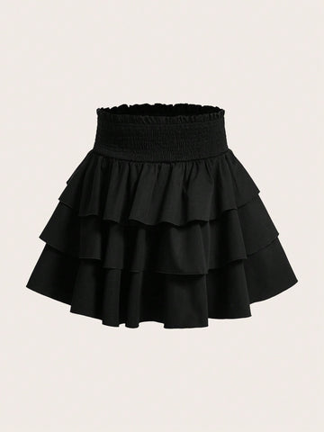 Plus Size Women's Black A-Line Skirt With Ruffle Hem And Tie Waist, Cake Layer Design
