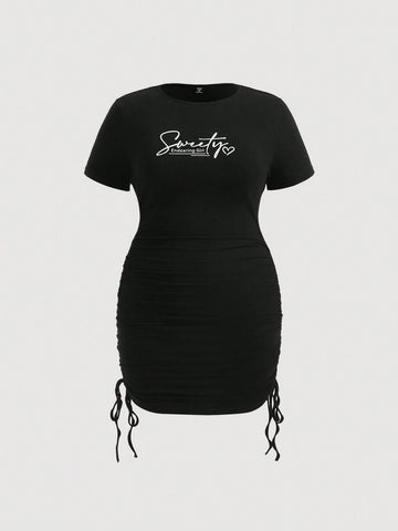 Plus Size Women's Black Letter Print Pleated Slim Fit Dress