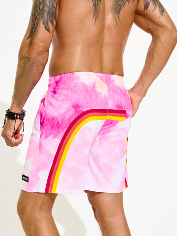 Men Drawstring Waist Tie-Dye Shorts With Pockets And Letter Print Casual Beach Shorts