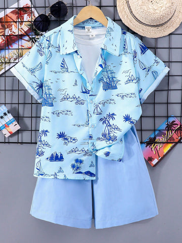 Tween Boy Vacation Casual Sailboat Print Short Sleeve Shirt And Solid Color Shorts Set
