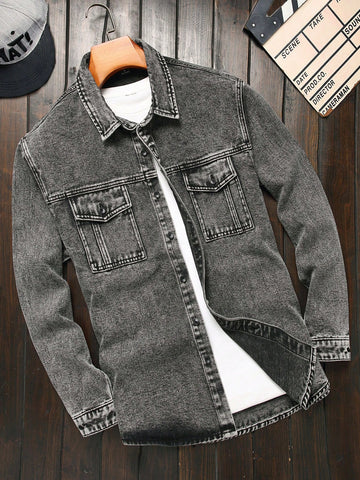 Men's Spring And Autumn Loose Fit Casual Denim Shirt With Pockets And Long Sleeves
