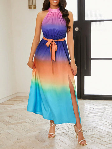 Ladies' Summer Gradient Color Side Slit And Drape Halter Elegant Long Rave Festival Outfits Dress