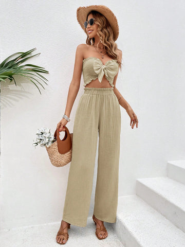 Women Fashionable Solid Color Strapless Top And Long Pants Set