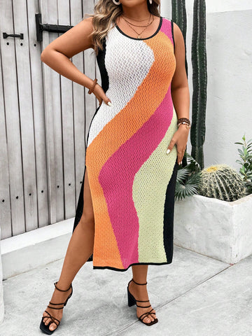 Plus Size Color Block Border Vacation Style Sleeveless Spring And Summer Sweater Dress