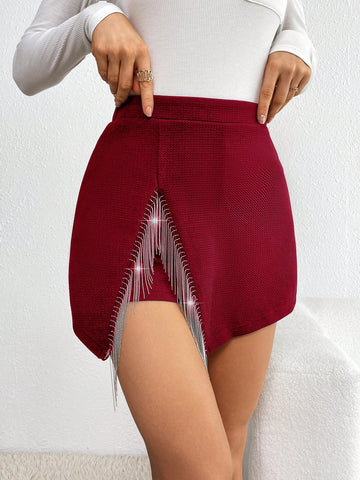 Women Summer Casual Short Skirt With Fringe Decoration And Side Slit