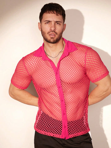 Loose Men See-Through Fishnet Knitted Casual Shirt