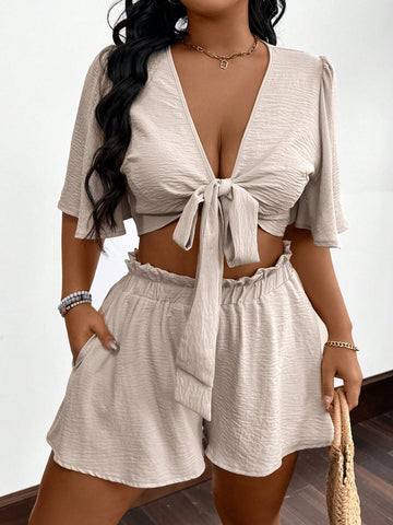 Plus Size Women Elegant Short Sleeve Top And Shorts Set For Summer