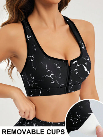 Women Fashionable Front Zipper Removable Padded Sports Bra