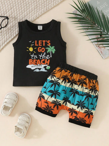 Baby Boy 2pcs/Set Casual Sport Holiday Basic Coconut Tree And Letter Print Vest And Shorts Set, Spring And Summer Outfits