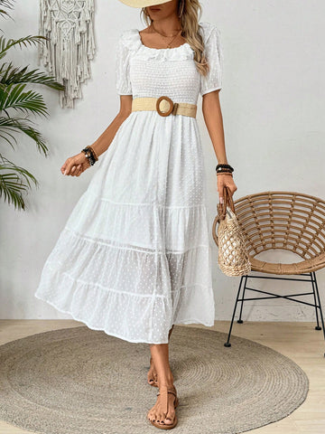 Women Solid Color Elegant And Charming Vintage Short Sleeve Summer Dress