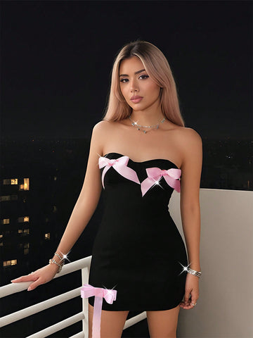 Women's Fashion Strapless Dress With Bow Decoration
