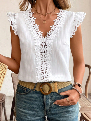 White Summer Top, Cottagecore Lace Decor, Butterfly Sleeve Rib Summer Top, Women's Top Wedding Season, Vacation Vibe, Frenchies