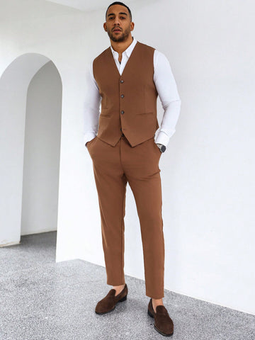 Plus Size Men's Business Style Solid Color Suit Set