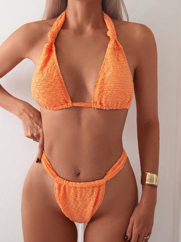 Women Fashionable Textured Tie Backless Bikini Swimwear Set