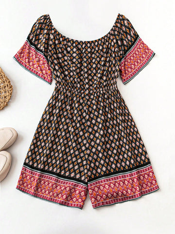 Plus Size Geometric Printed Short Sleeve Jumpsuit With Round Neck For Summer