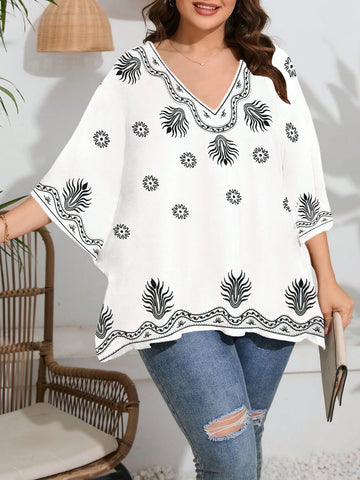 Plus Size Women Loose Fit Casual Shirt With V Neck, Batwing Sleeve And Printed Botanical Pattern For Summer