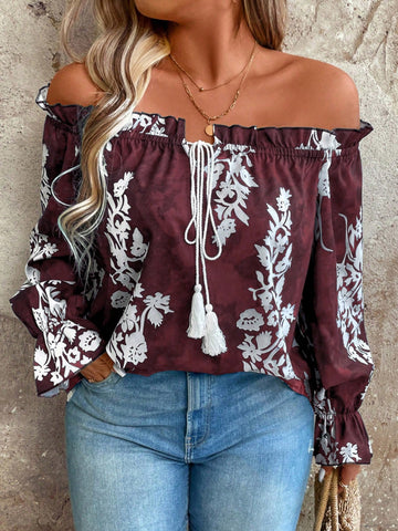 Plus Size Loose Shirt With Flower Print, Ruffle Details, Off Shoulder And Tassels, Ideal For Spring And Summer Vacation Style