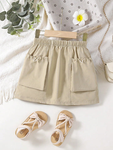 Young Girls Summer Pocket Drawstring Casual Skirt, Suitable For Casual Daily Or Outdoor Activities During The Summer