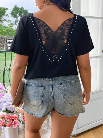 Plus Size Solid Color Butterfly Patchwork Faux Pearl Decorated Round Neck Short Sleeve Summer T-Shirt