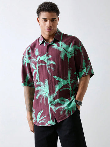 Men's Loose Short Sleeve Shirt With Palm Tree Print In Brownish Red