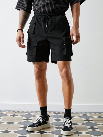 Men's Cargo Work Shorts In Black With Multi-Pocket