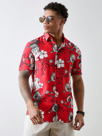 Men's Short Sleeve Shirt With Dragon Pattern Printed In Red